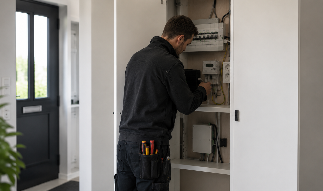 Electrician working in a residential electrical panel