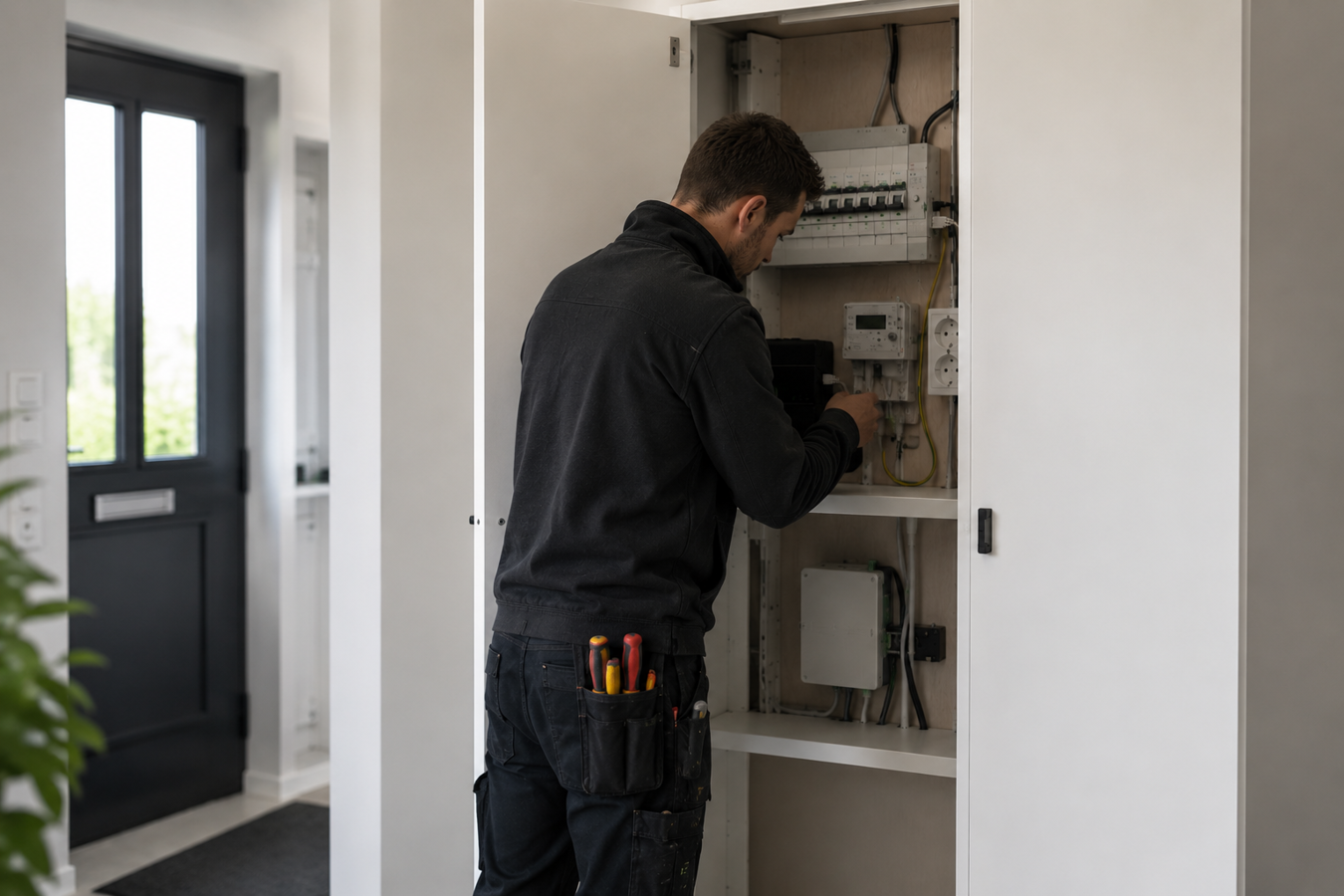Elektricien werkt aan de meterkast van een woning tijdens de installatie van een elektrische installatie.