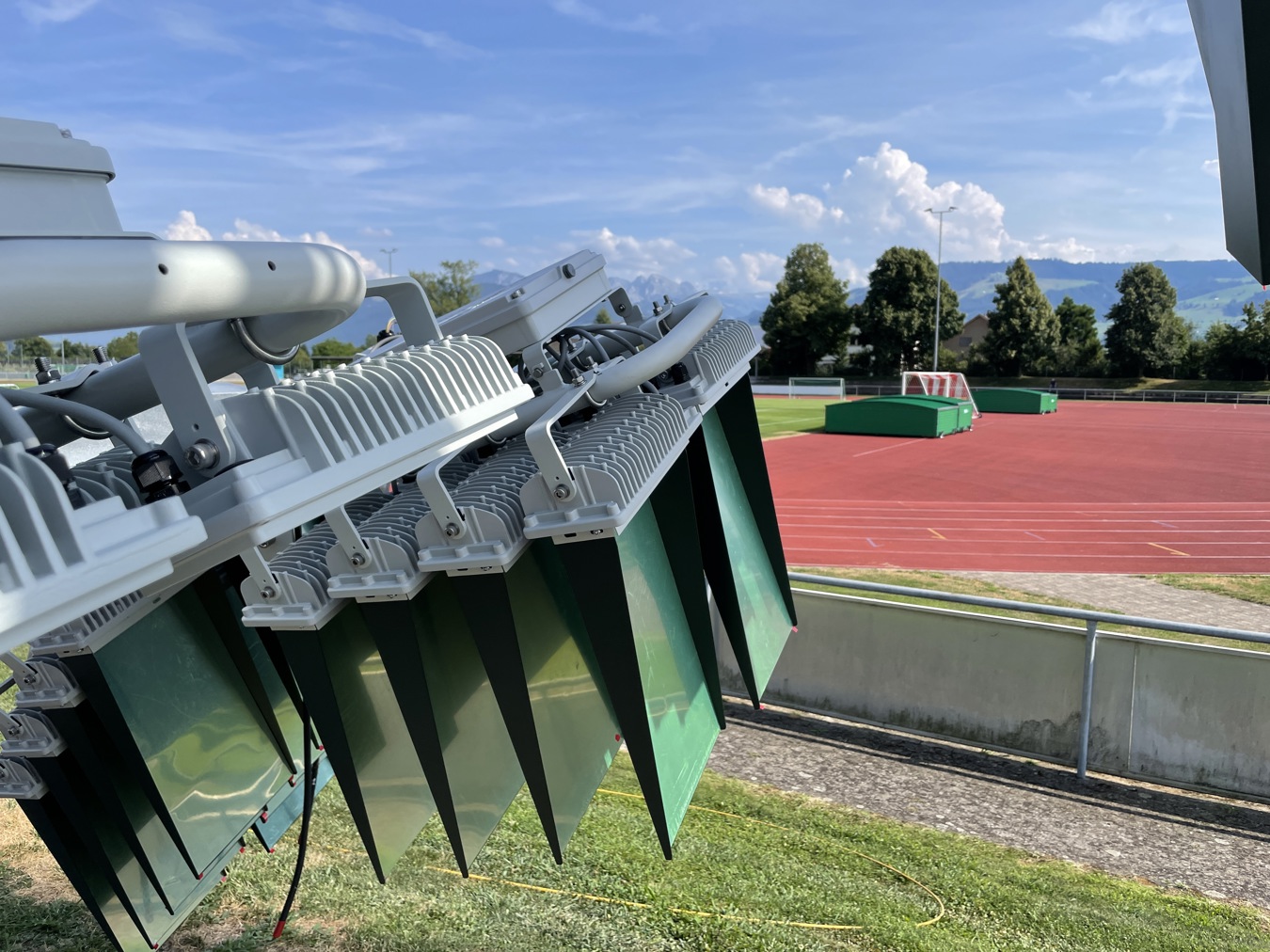 Stadion Grünfeld Rapperswil-Jona in Switzerland illuminated with Lumosa LED stadium lighting.