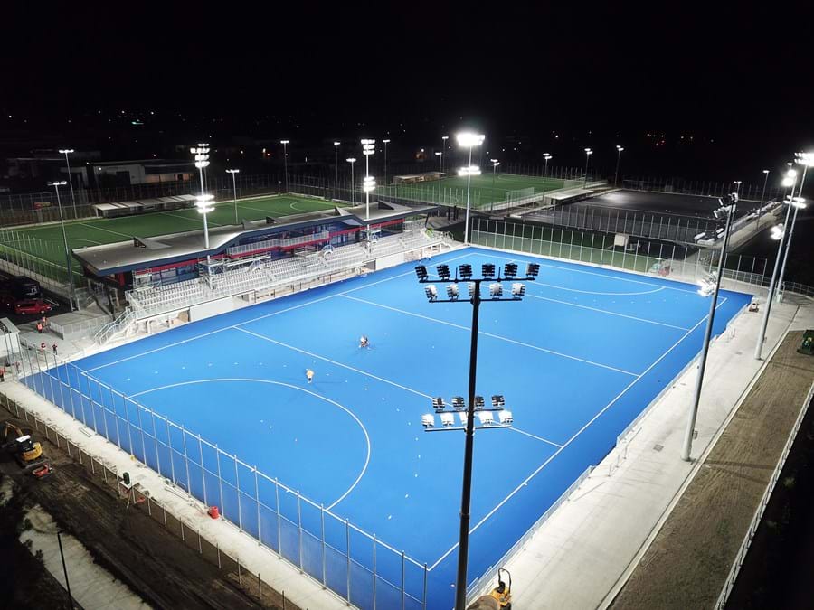 LED lighting | Stadium lighting | hockey North Harbour drone image low