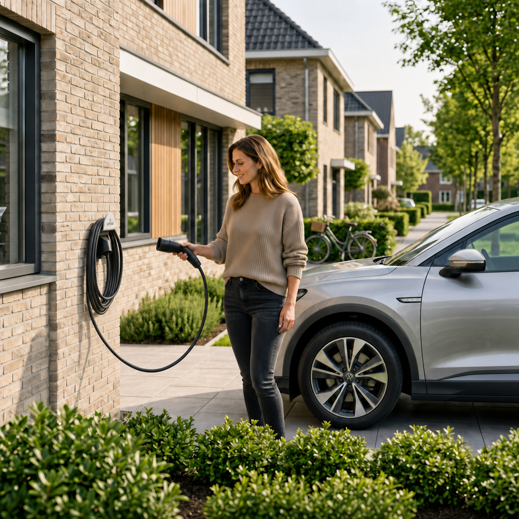 Woman using Lumosa BASE integrated home charger on driveway