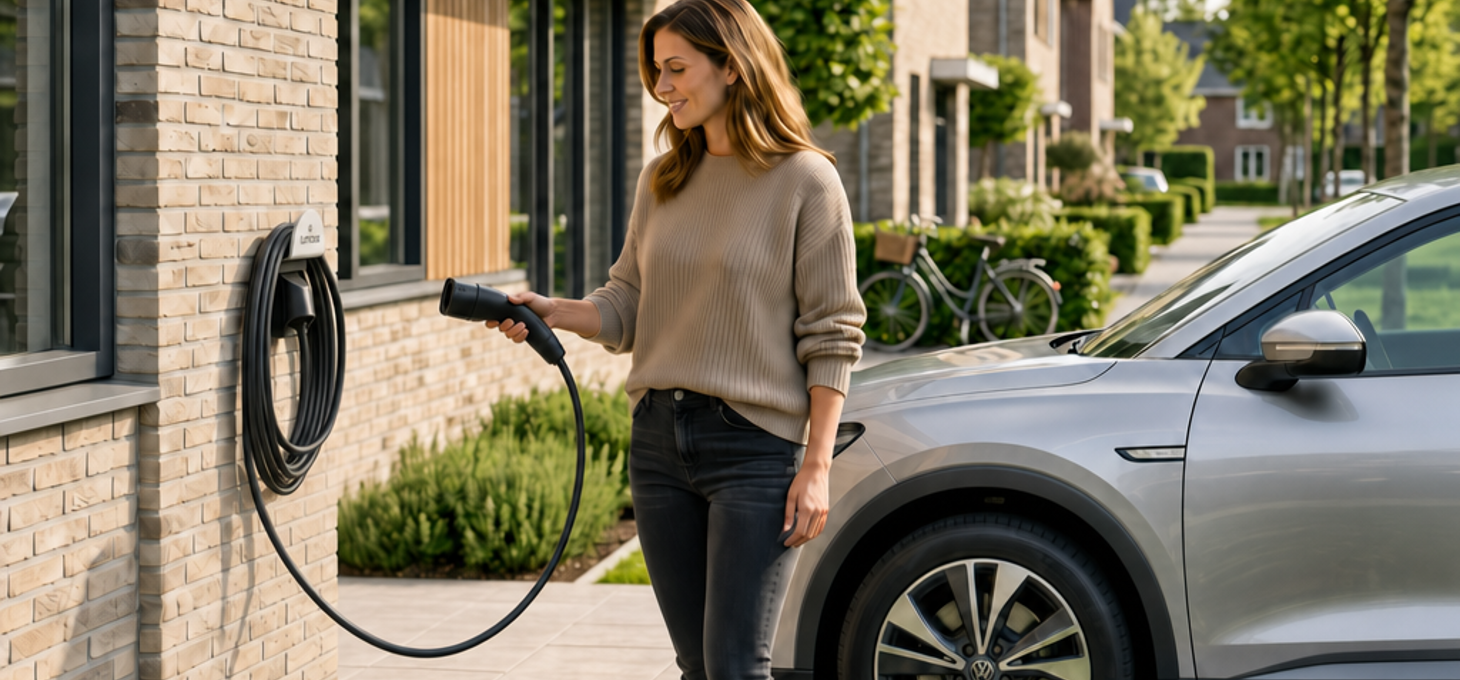 Woman using Lumosa BASE integrated home charger on driveway
