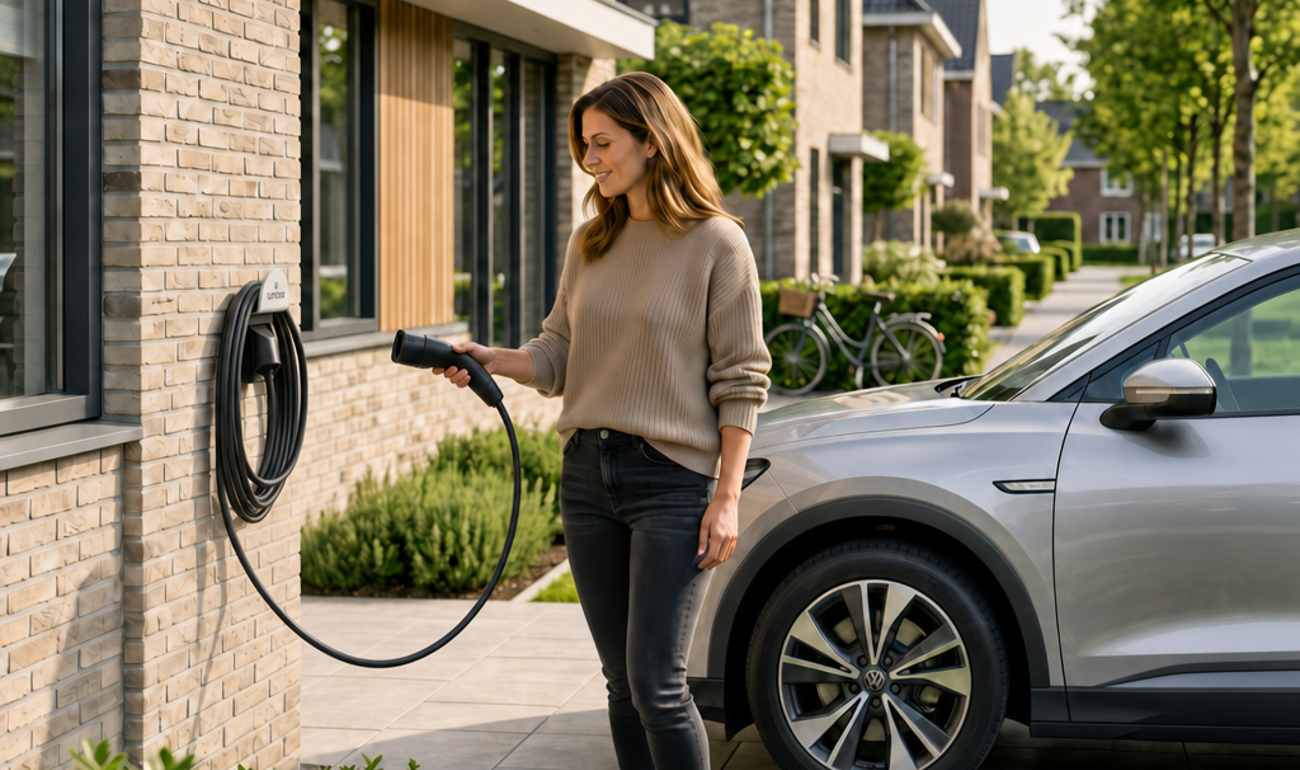 Woman using Lumosa BASE integrated home charger on driveway