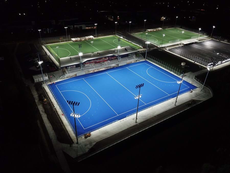LED lighting sport | hockey stadiums drone image North Harbour